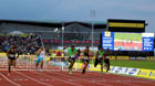 From left to right: David oliver, Aries Merritt, winner Dayron Robles,  Jason Richardson, Dwight Thomas and Kevin Craddock, 2011 Aviva London Grand Prix.